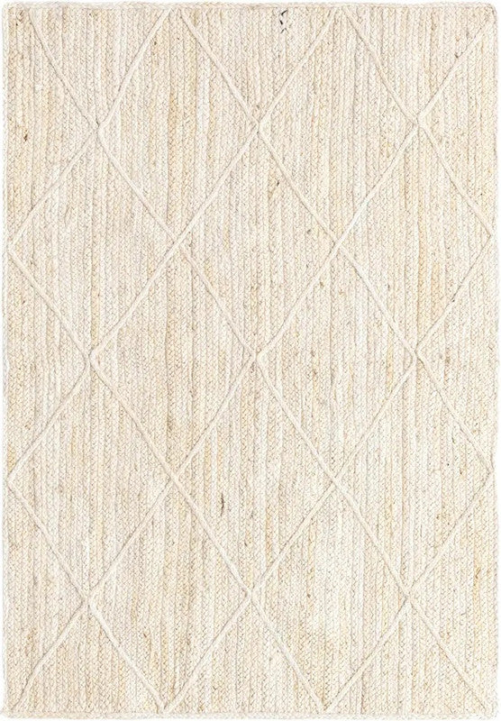 Beige area rug with diamond pattern on a plain background