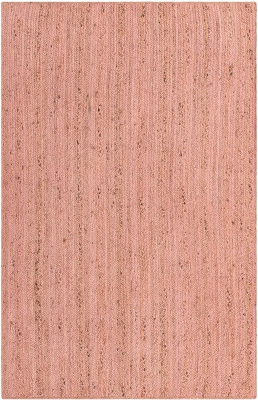 Pink textured rug with a subtle pattern on a plain background