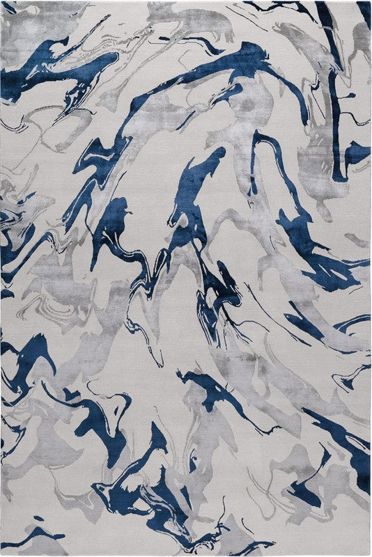 Abstract patterned rug with blue and gray design