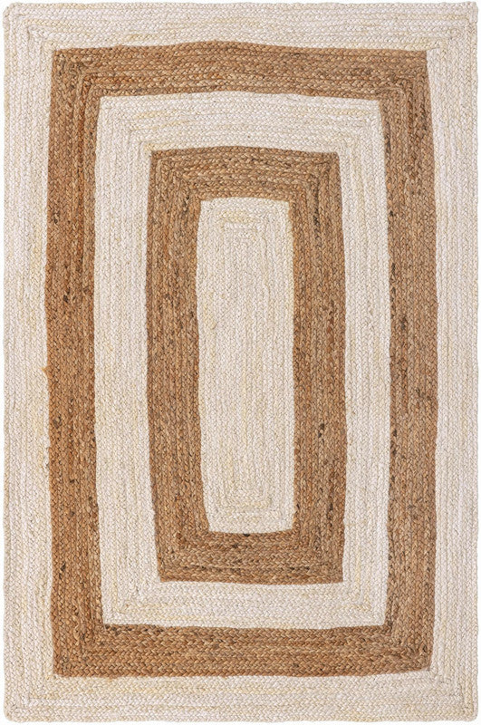Rectangular braided rug with concentric brown and beige stripes on a white background