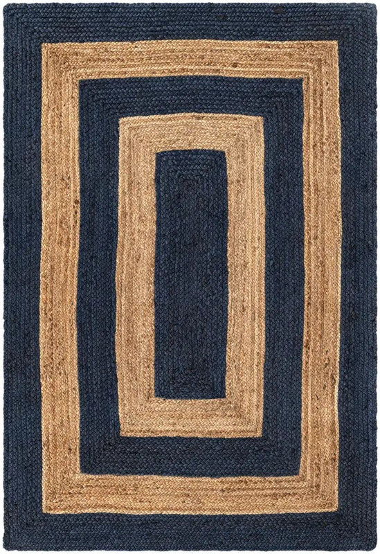 Navy blue and beige braided rug with concentric rectangle pattern