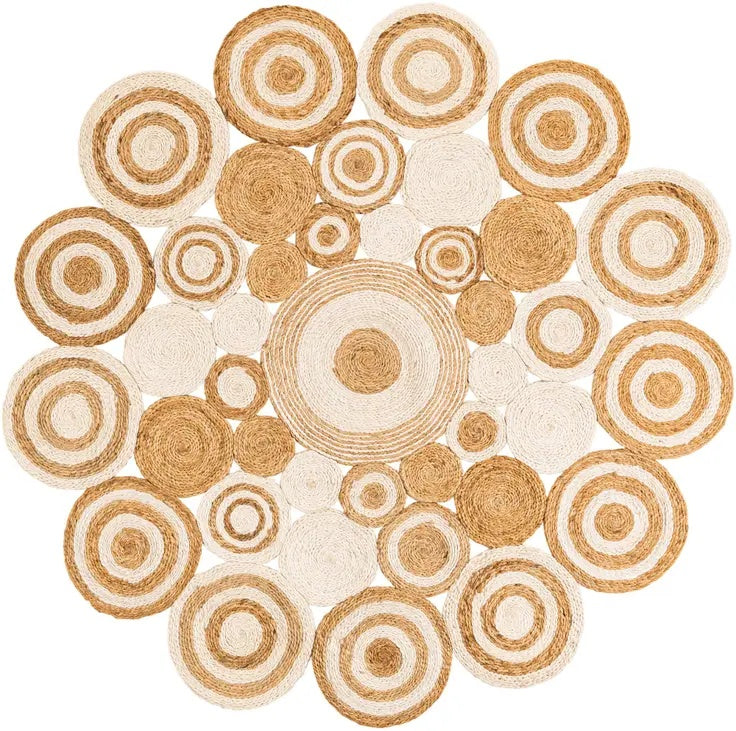 Round woven coasters with circular patterns in beige and brown on a white background