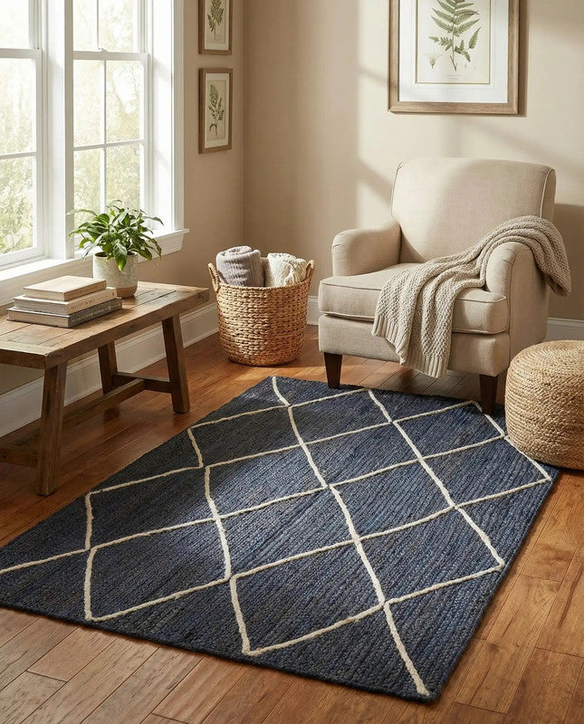 Living room with a blue geometric rug, beige armchair, and wooden coffee table.