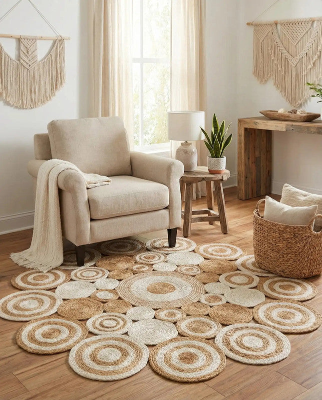 Beige armchair with a blanket on a wooden floor with circular woven rugs.