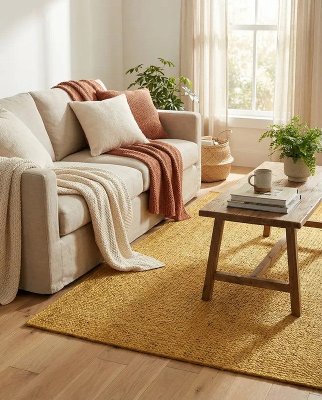 Cozy living room with a beige sofa, yellow rug, and wooden coffee table.