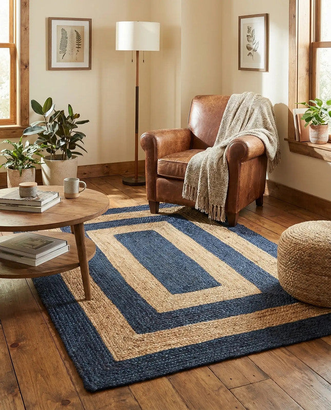 Living room with a brown leather armchair, wooden coffee table, and blue and beige striped rug.