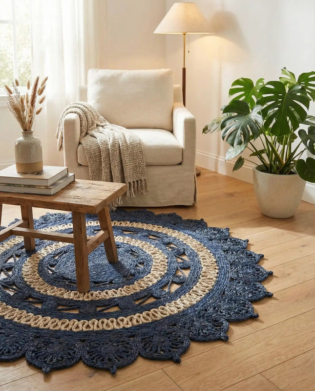 Blue and beige round rug in a living room with a chair, coffee table, and plant.