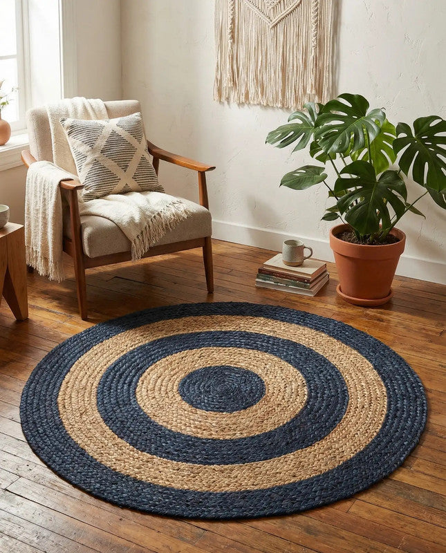 Round blue and beige rug in a room with a chair, plant, and books.