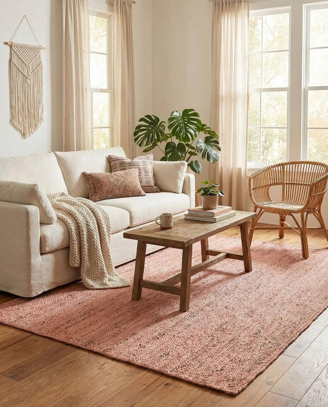 Living room with a white sofa, wooden coffee table, and pink rug.