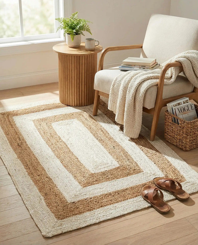 Living room with a patterned rug, wooden side table, and armchair.