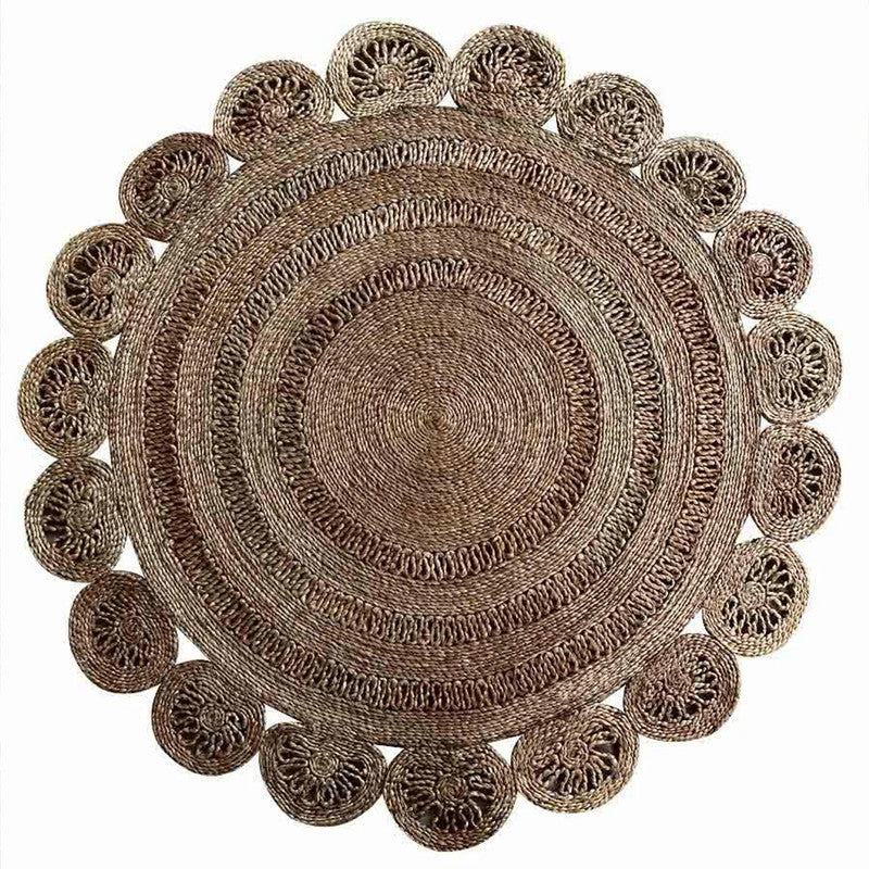 Round woven placemat with decorative边缘 on a white background