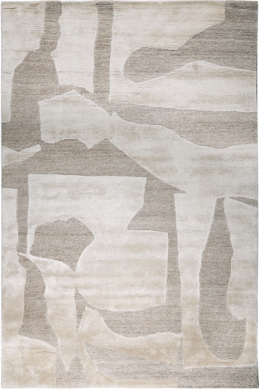 Abstract patterned rug with neutral tones on a plain background
