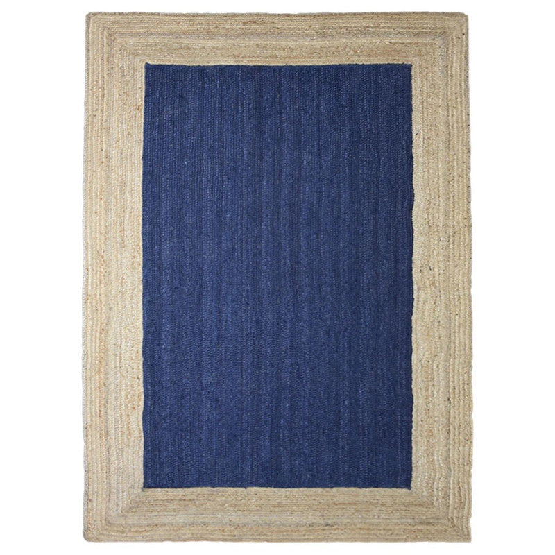 Blue rug with beige border on a white background