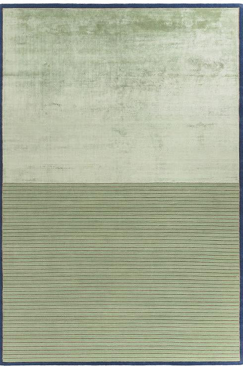 Green and blue striped rug with a geometric pattern