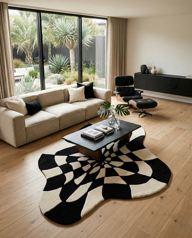 Obsidian Bloom Black & Ivory Irregular Shaped Hand-Tufted Carpet