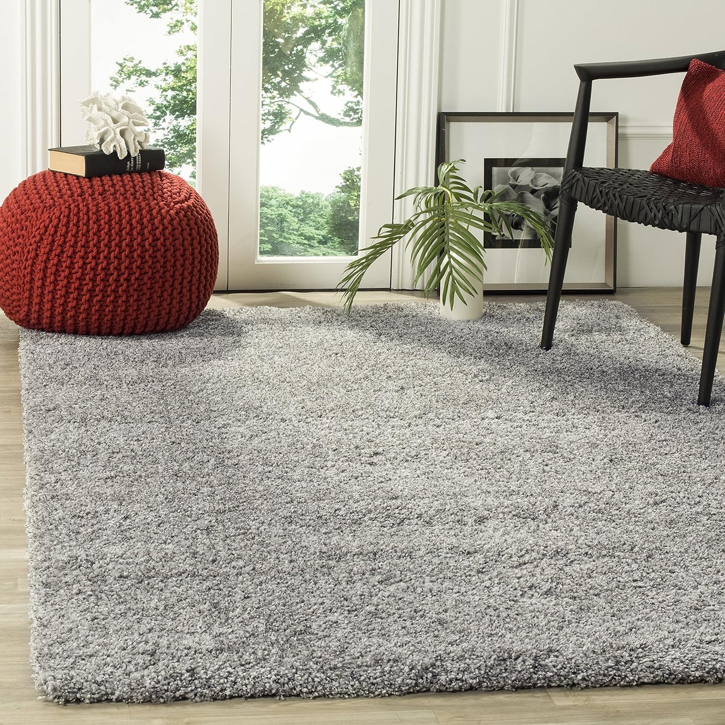 Silver solid shaggy plain area rug for living room, bedroom